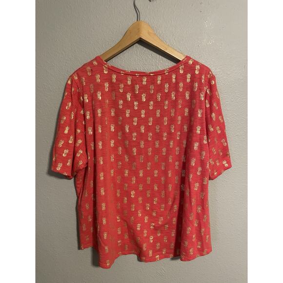Chicos Womens Top Size 3 US XL Coral Pineapple Print Short Sleeve Artsy FLAW - Picture 2 of 8